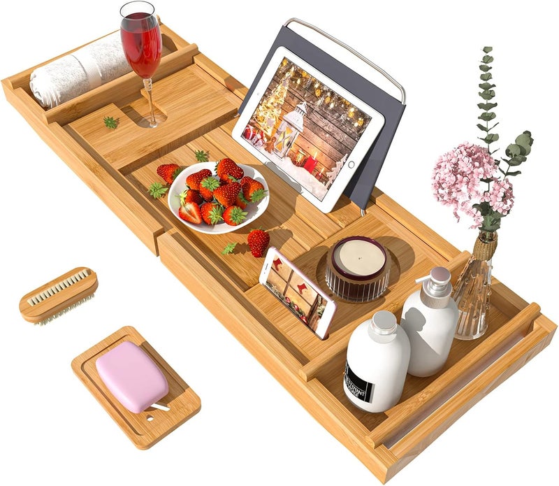 Bamfan Bath Caddy Tray for Bathtub - Bamboo Adjustable Organizer Tray for Bathroom with Free Soap Dish Suitable for Luxury Spa or Reading - Image 1