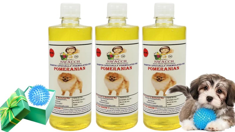swacch Shampoo | Puppy Safe Shampoo | PH Balanced | Ditch to Itch for Pomeranian Dog Shampoo 500ml Pack of 3 (Lemon) + Spike Ball Chew Toy Combo Pack - Image 1