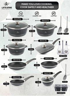 Life Smile LIFE SMILE Cookware Set 20 pieces - Pots and Pans set Granite Non Stick Coating 100% PFOA FREE, Die Cast Cooking Set include Casseroles & Frying Pans & Milk Pan & Grill Pan & Kitchen Utensils  - Image 3