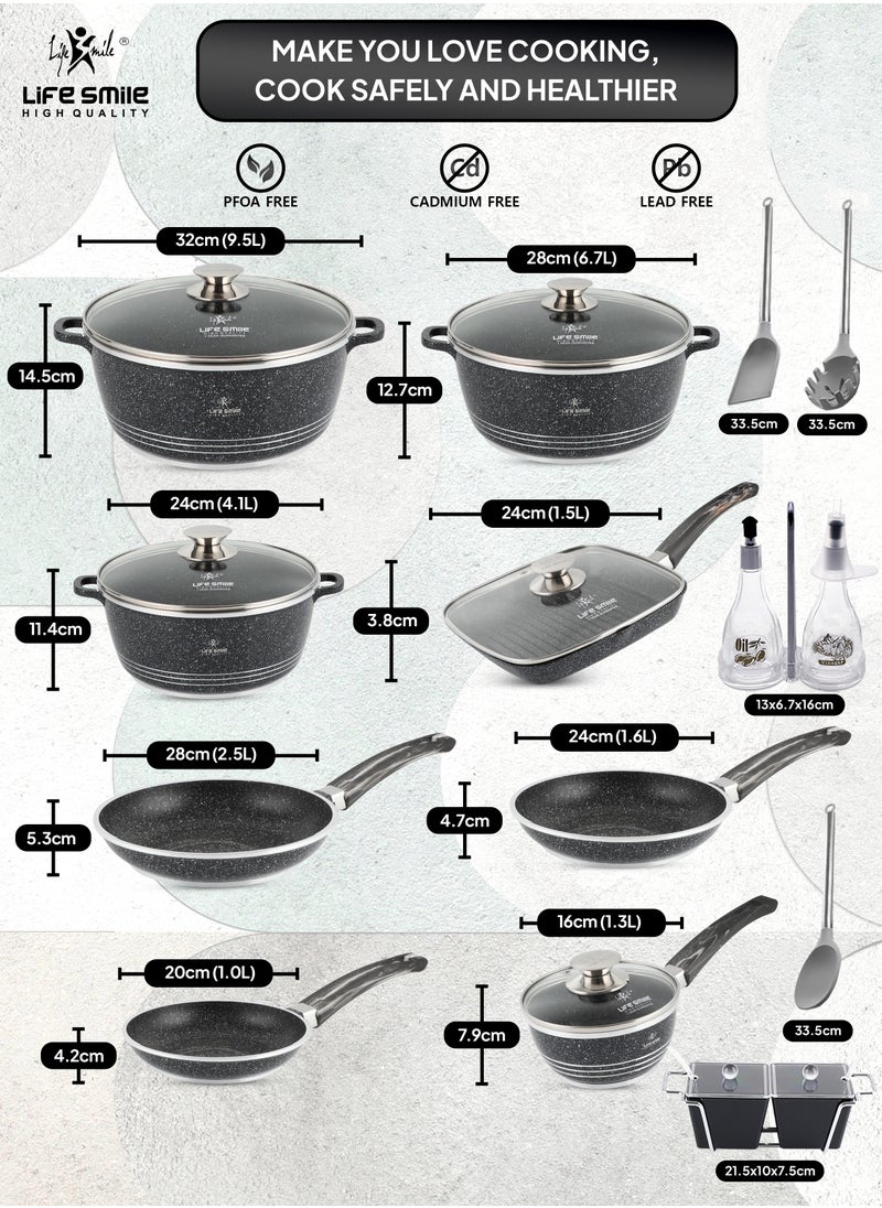 Life Smile LIFE SMILE Cookware Set 20 pieces - Pots and Pans set Granite Non Stick Coating 100% PFOA FREE, Die Cast Cooking Set include Casseroles & Frying Pans & Milk Pan & Grill Pan & Kitchen Utensils  - Image 3