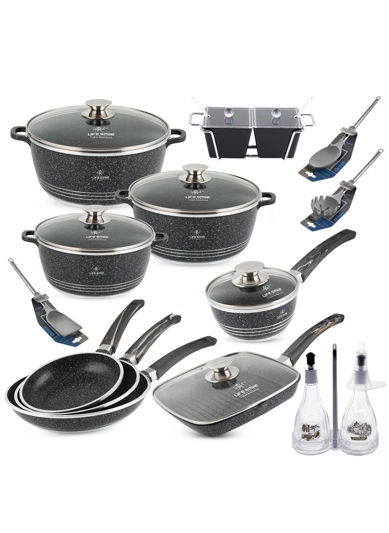 Life Smile LIFE SMILE Cookware Set 20 pieces - Pots and Pans set Granite Non Stick Coating 100% PFOA FREE, Die Cast Cooking Set include Casseroles & Frying Pans & Milk Pan & Grill Pan & Kitchen Utensils  - Image 1