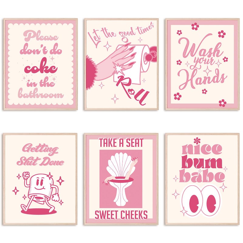 Whaline 6Pcs Funny Bathroom Wall Art 8x10 Inch Pink Bathroom Art Poster Decor Wash Your Hands Tissue Vintage Art Prints for Bathroom Washroom Restroom Nursery Wall Decoration Supplies (UNFRAMED) - Image 1