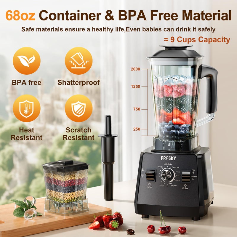 Prasky Professional Blender,Smoothies Blenders, PRASKY Max.2400Watts/1000Watts Blender and Grinder Combo 25000RPM Powerful Kitchen 68oz BPA Free 2 Containers Countertop Blenders Ice Crushing, Juice - Image 3