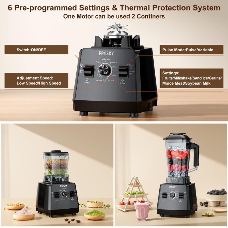 Prasky Professional Blender,Smoothies Blenders, PRASKY Max.2400Watts/1000Watts Blender and Grinder Combo 25000RPM Powerful Kitchen 68oz BPA Free 2 Containers Countertop Blenders Ice Crushing, Juice - Image 4