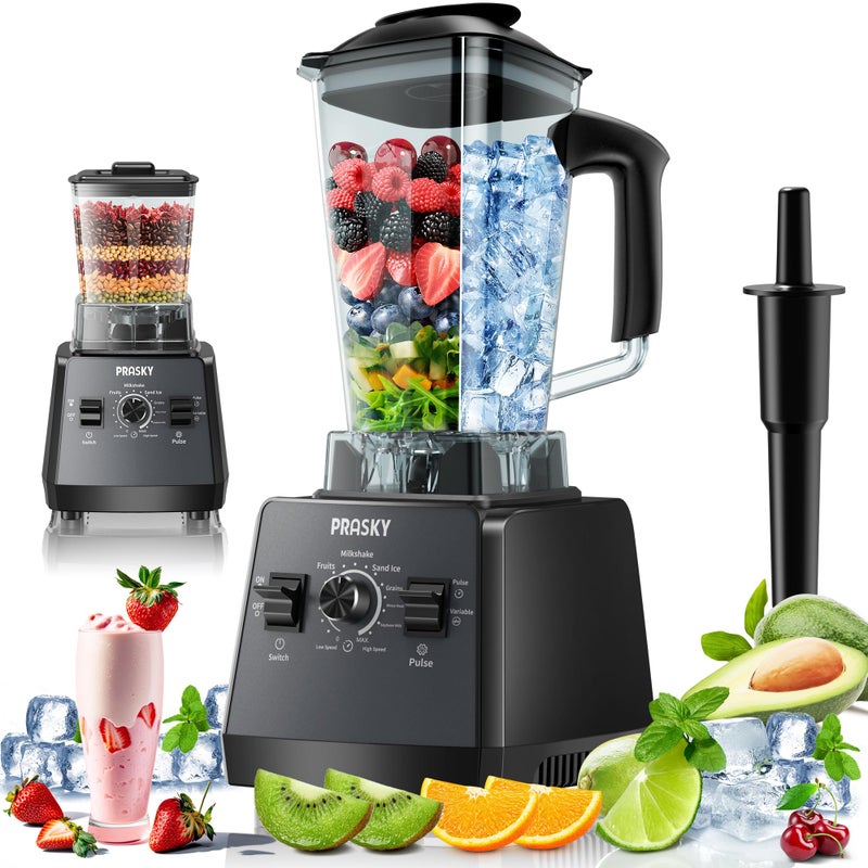 Prasky Professional Blender,Smoothies Blenders, PRASKY Max.2400Watts/1000Watts Blender and Grinder Combo 25000RPM Powerful Kitchen 68oz BPA Free 2 Containers Countertop Blenders Ice Crushing, Juice - Image 1