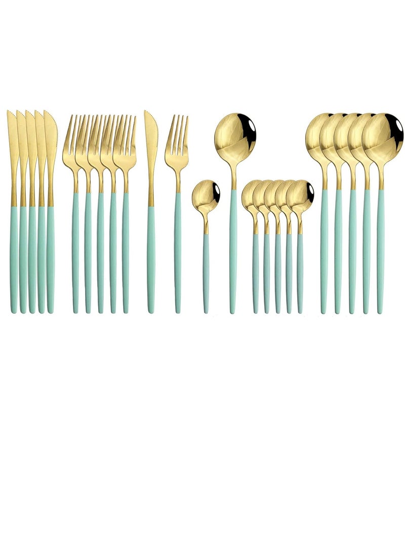 MahMir® Flatware Serving Set 24 Piece, Stainless Steel Silverware Set, Green Gold Cutlery Set, Modern Elegant Tableware Set for Party, Christmas, Dinner (Mint Green Gold) - Image 1
