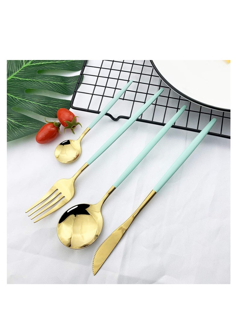 MahMir® Flatware Serving Set 24 Piece, Stainless Steel Silverware Set, Green Gold Cutlery Set, Modern Elegant Tableware Set for Party, Christmas, Dinner (Mint Green Gold) - Image 3