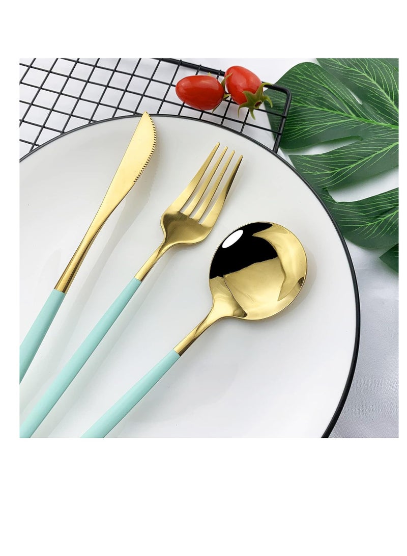 MahMir® Flatware Serving Set 24 Piece, Stainless Steel Silverware Set, Green Gold Cutlery Set, Modern Elegant Tableware Set for Party, Christmas, Dinner (Mint Green Gold) - Image 2