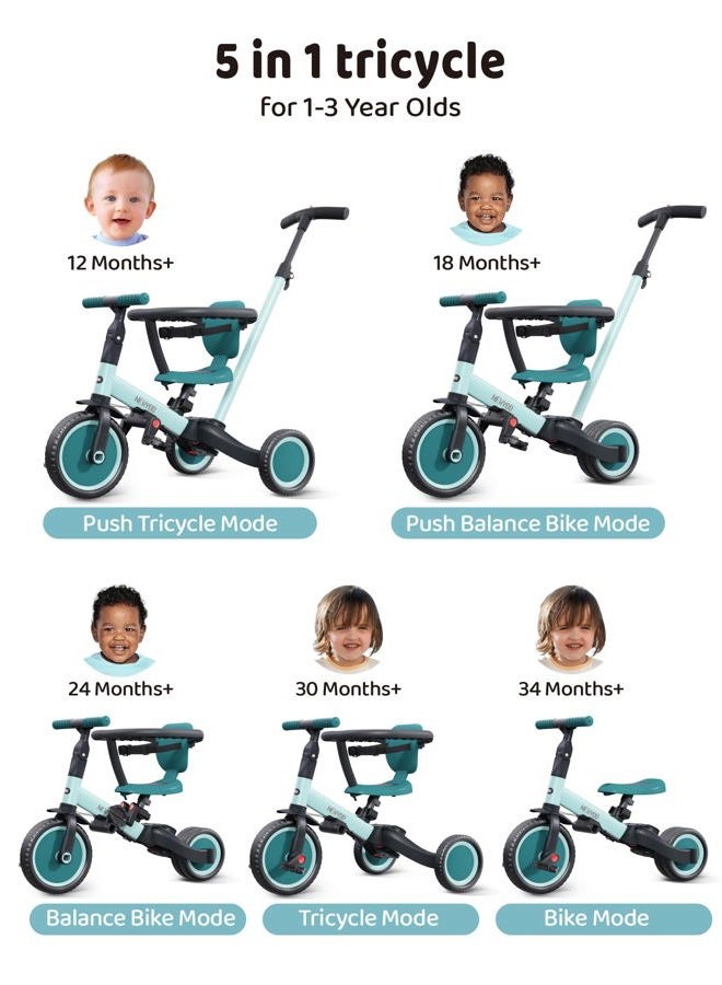 newyoo TR008 Toddler Push Tricycle, Toddler Bike for 1-3 Years Olds, Birthday Gift for Boys and Girls, 5 in 1 Balance Bike with Handle, Kids Trike with Safe Bar, Green - Image 3