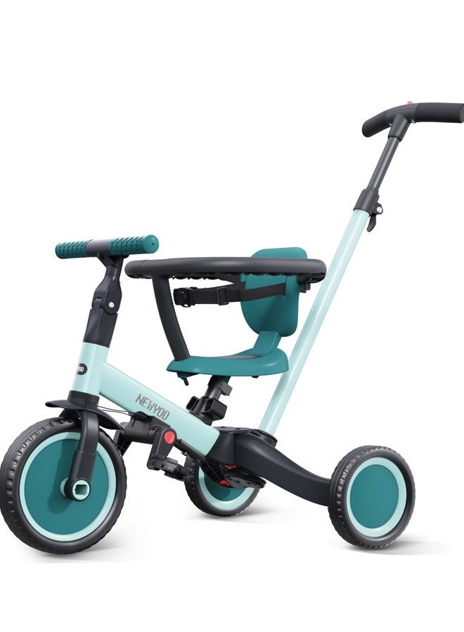 newyoo TR008 Toddler Push Tricycle, Toddler Bike for 1-3 Years Olds, Birthday Gift for Boys and Girls, 5 in 1 Balance Bike with Handle, Kids Trike with Safe Bar, Green - Image 1