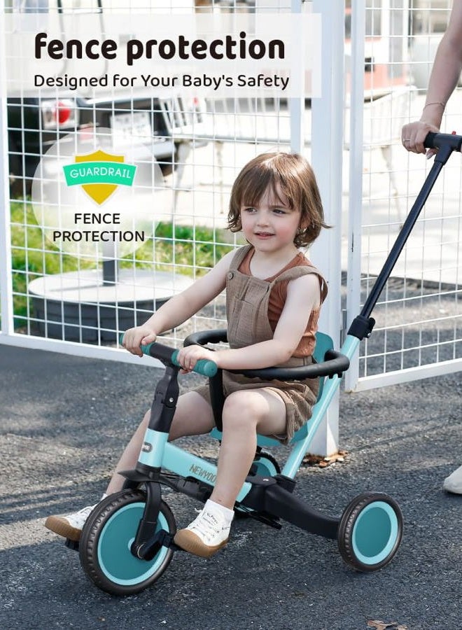 newyoo TR008 Toddler Push Tricycle, Toddler Bike for 1-3 Years Olds, Birthday Gift for Boys and Girls, 5 in 1 Balance Bike with Handle, Kids Trike with Safe Bar, Green - Image 2