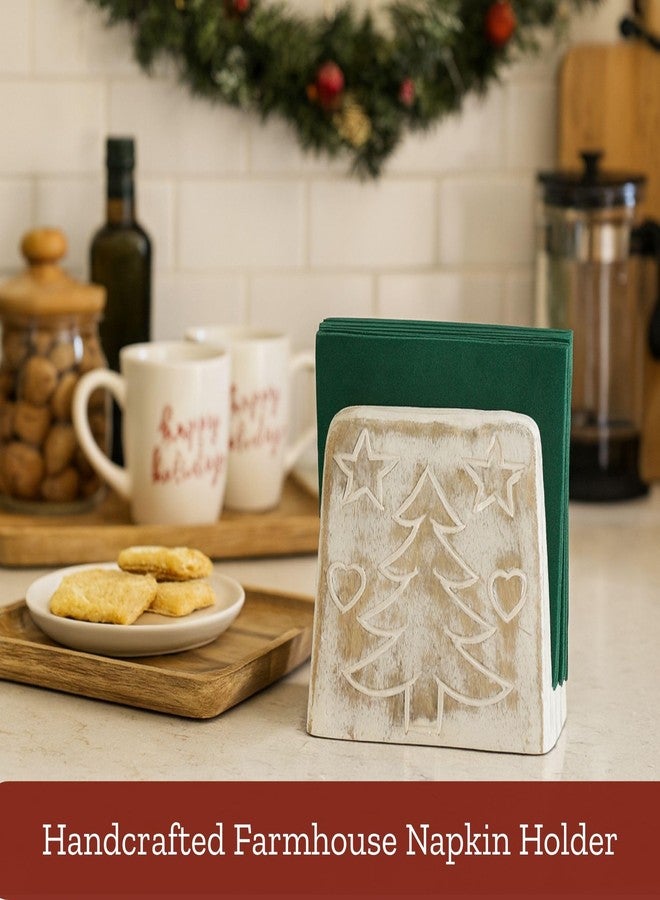 Mie Creations Christmas Napkin Holder for Table, Farmhouse Wooden Napkin Dispenser, Decorative Christmas Tree Handcarved Cocktail Napkin Holder, Holidays Kitchen Decorations, Dining Table decor-White - Image 4