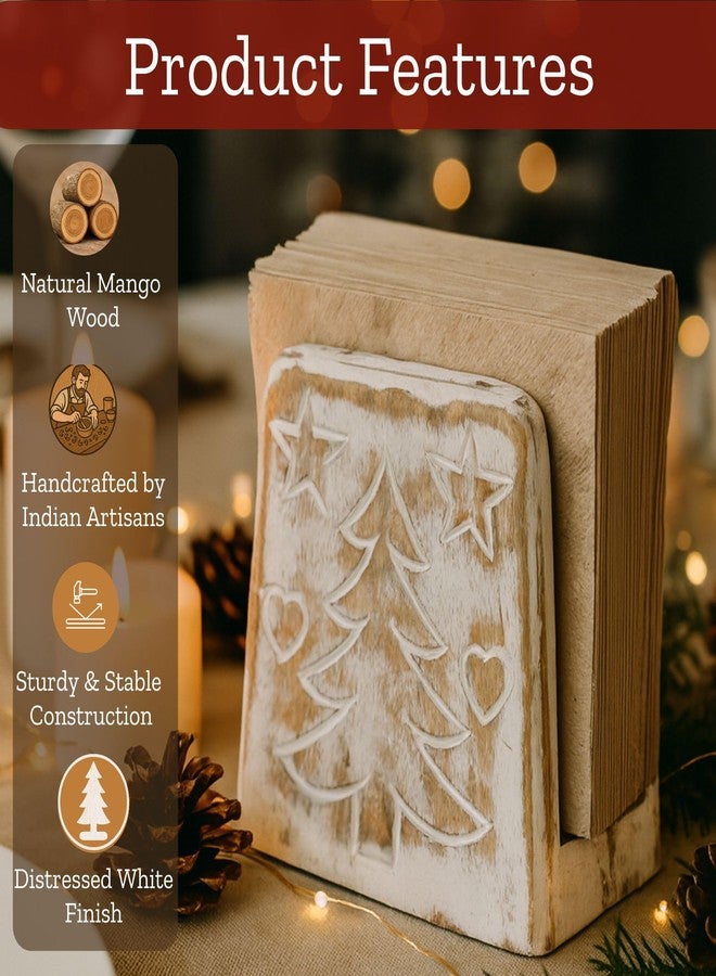 Mie Creations Christmas Napkin Holder for Table, Farmhouse Wooden Napkin Dispenser, Decorative Christmas Tree Handcarved Cocktail Napkin Holder, Holidays Kitchen Decorations, Dining Table decor-White - Image 2