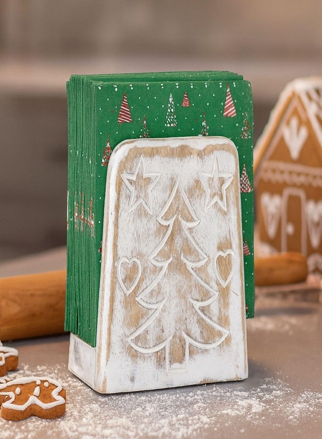Mie Creations Christmas Napkin Holder for Table, Farmhouse Wooden Napkin Dispenser, Decorative Christmas Tree Handcarved Cocktail Napkin Holder, Holidays Kitchen Decorations, Dining Table decor-White - Image 1