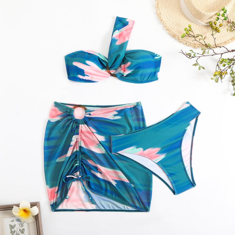 2025 Swimwear One-Shoulder Bikini Gradient Three-Piece Bag Hip Skirt Drawstring Swimwear - Image 1