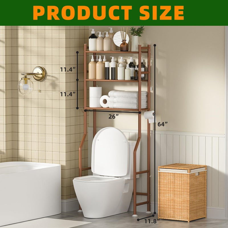 GloTika 3-Tier Over Toilet Storage with Anti-Tilt Safety System - 150lb Total Capacity Metal Bathroom Shelves Including Paper Holder & 4 Hooks, Space Saving Above Commode Organizer (64" H, Bronze) - Image 2
