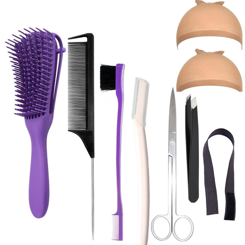 Miaubaa Wig Kit for Lace Front Wigs for Beginners 8Pcs Lace Melting Elastic Band for Wigs HD Wig Caps Eyebrow Razors Tweezers Edge Brush Detangle Brush