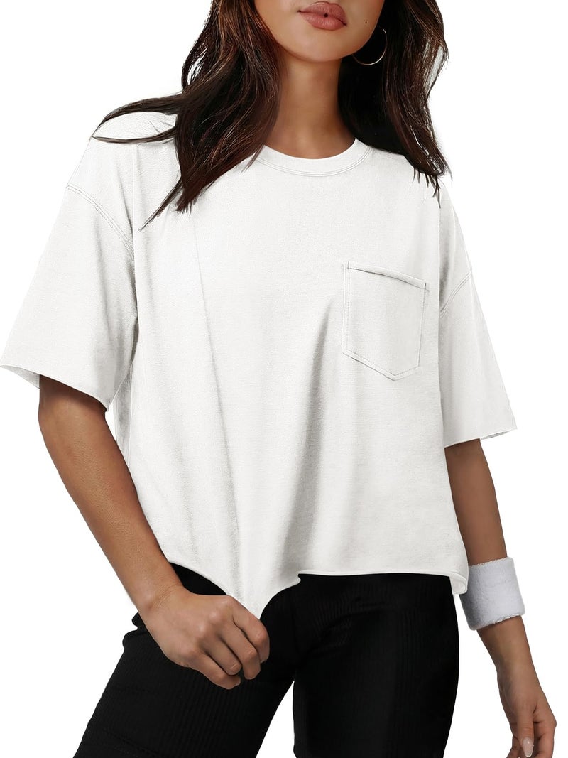 ATHMILE Maternity Workout Tops Womens Oversized T-Shirts Short Sleeve Workout Crop Tops Casual Drop Shoulder Boxy Roll Hem Basic Loose Tees White - Image 1