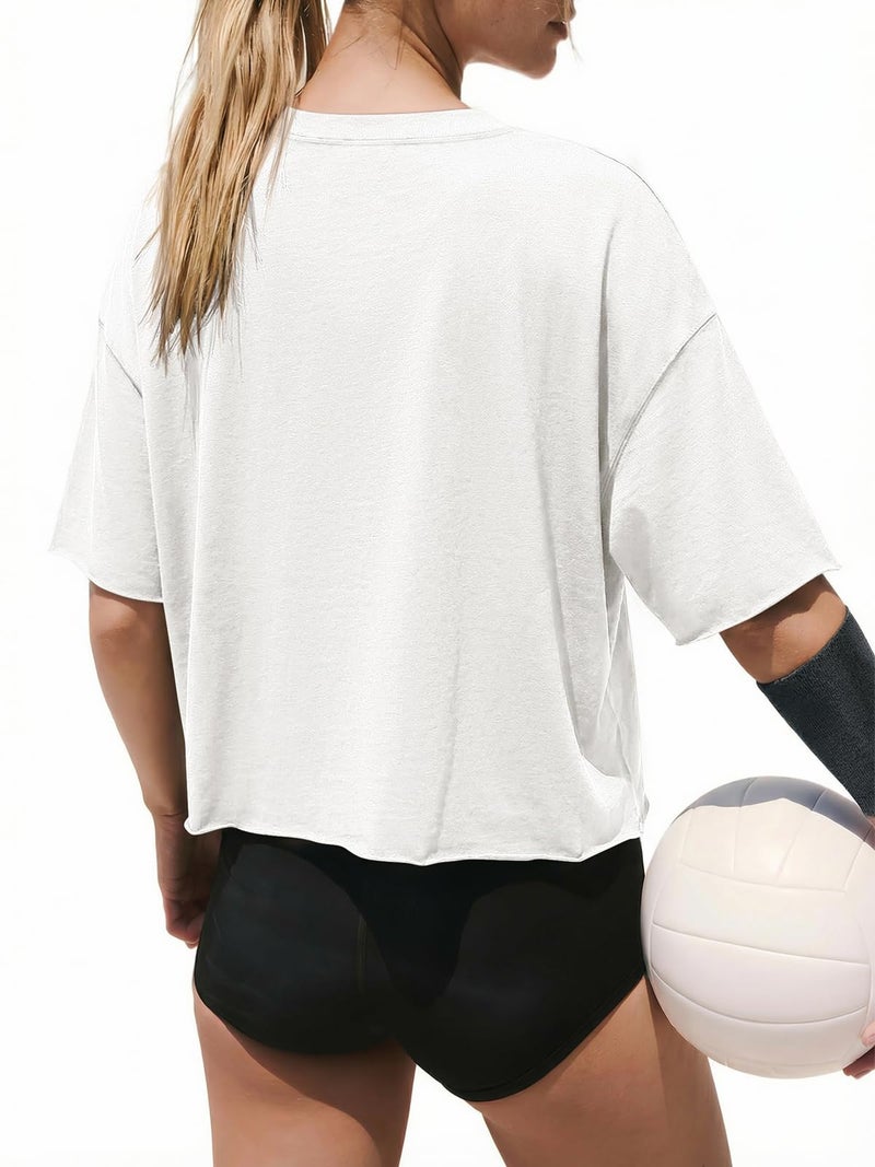 ATHMILE Maternity Workout Tops Womens Oversized T-Shirts Short Sleeve Workout Crop Tops Casual Drop Shoulder Boxy Roll Hem Basic Loose Tees White - Image 3