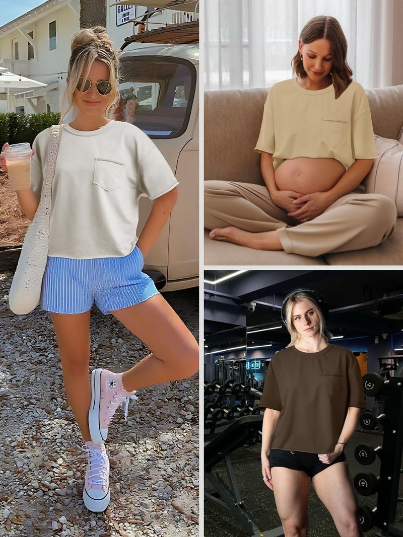 ATHMILE Maternity Workout Tops Womens Oversized T-Shirts Short Sleeve Workout Crop Tops Casual Drop Shoulder Boxy Roll Hem Basic Loose Tees White - Image 5