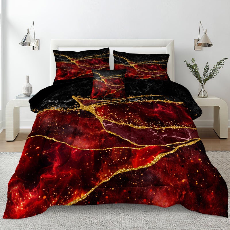 Bedorm Red Black Comforter Set Black Gold Marble Bedding Set Queen Size Burgundy Dark Red Gothic Hippie Comforter Watercolor Retro Bedding Comforter - Image 1