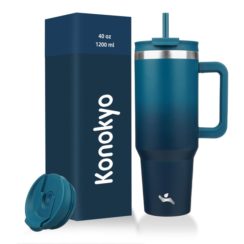 Konokyo 40 oz Tumbler with Handle and 2 Straws2 in 1 Lid Insulated Water Bottle Stainless Steel Travel Coffee MugIndigo Black