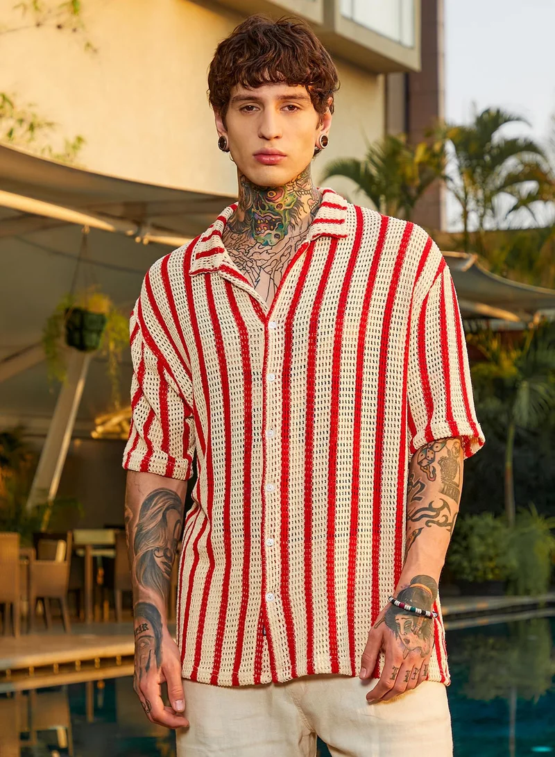 كامبوس سوترا قميص كامبس سوترا رجالي أبيض مائل للحمرة مخطط بياقة كوبية وأكمام قصيرة مريح للارتداء اليومي