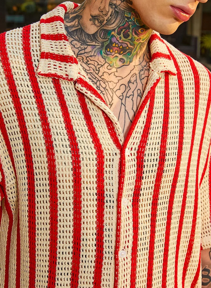 CAHOOT  Men's Off-White & Scarlet Red Striped Open-Knit Resort Shirt for Men | Best Price UAE