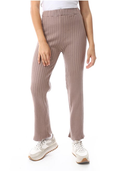 Elastic Waist Ribbed Boot-Cut Pants_Rosy Brown
