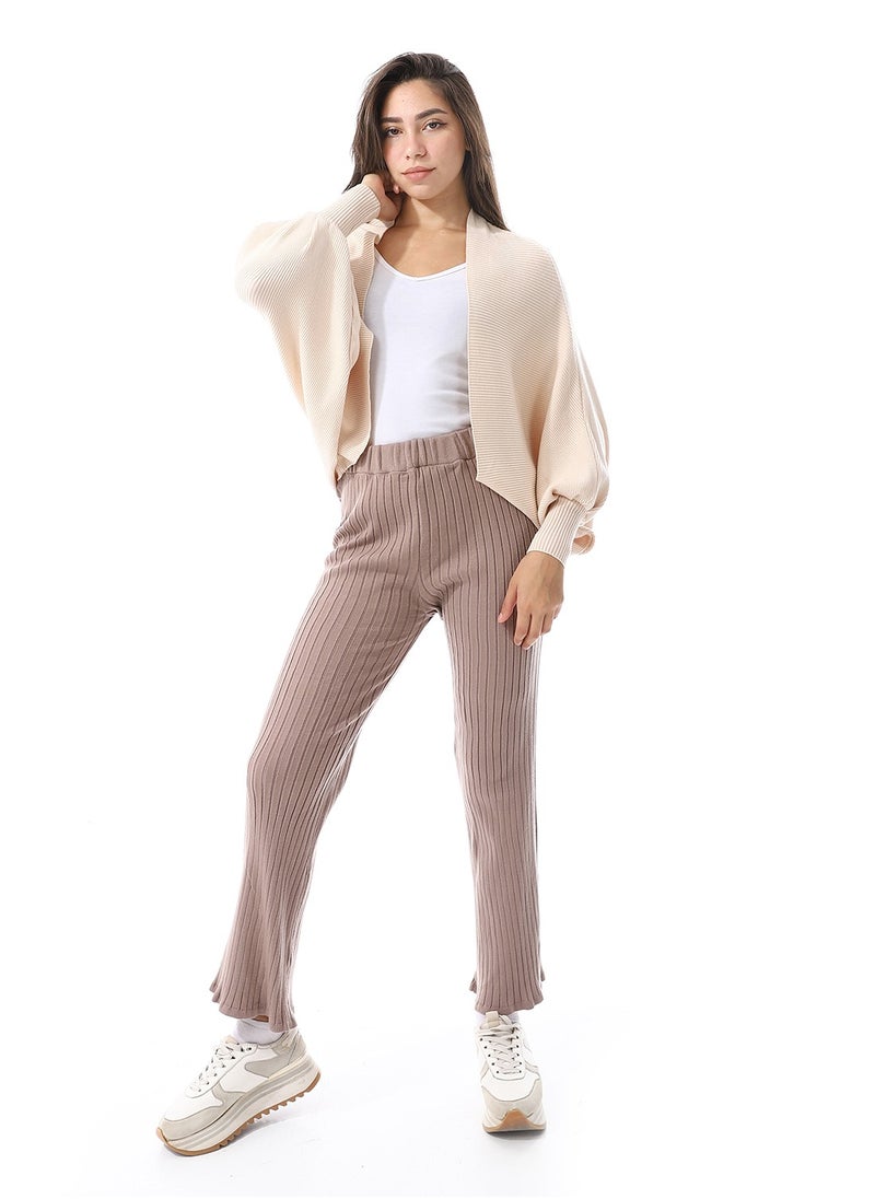 Andora - Elastic Waist Ribbed Boot-Cut Pants_Rosy Brown - Image 1