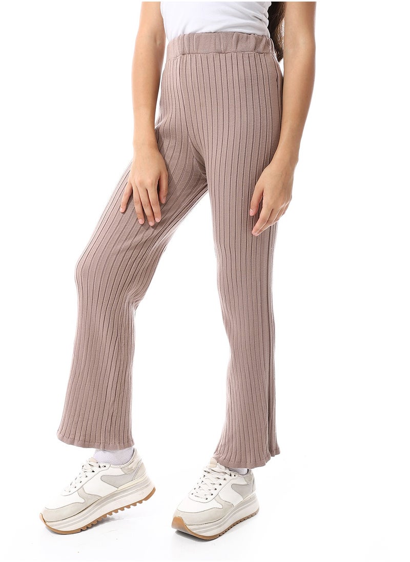 Andora - Elastic Waist Ribbed Boot-Cut Pants_Rosy Brown - Image 1