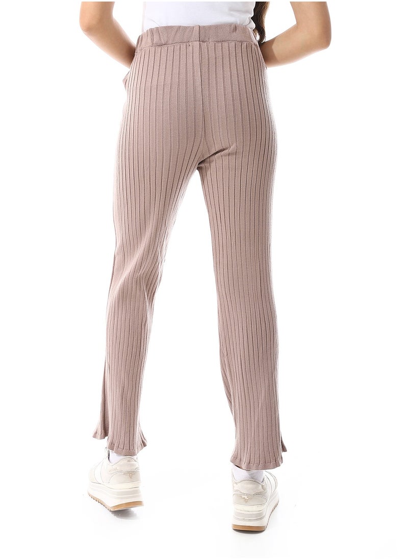 Andora - Elastic Waist Ribbed Boot-Cut Pants_Rosy Brown - Image 1