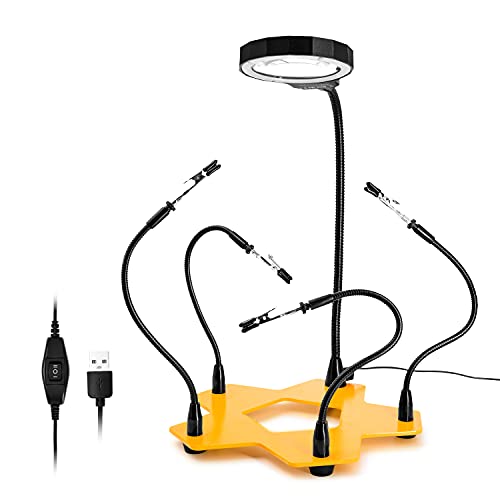 KOTTO LED Lighted Magnifying Third Hand Soldering PCB Holder Tool Five Arms Helping Hands Crafts Jewelry Hobby Workshop Helping Station Non-slip weighted base, LED Lamp - Image 1