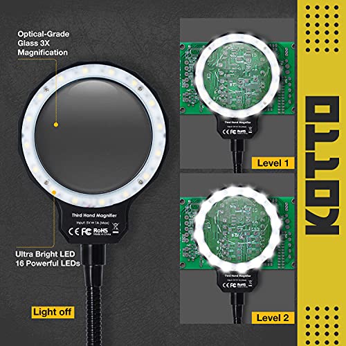 KOTTO LED Lighted Magnifying Third Hand Soldering PCB Holder Tool Five Arms Helping Hands Crafts Jewelry Hobby Workshop Helping Station Non-slip weighted base, LED Lamp - Image 3