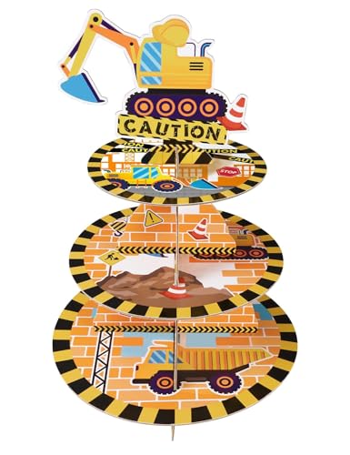 WERNNSAI Construction Cupcake Stand  3 Tier Dump Truck Party Decorations for Boys Truck Cardboard Cupcake Holder Dessert Tower Round Serving Tray Stand Birthday Baby Shower Party Supplies