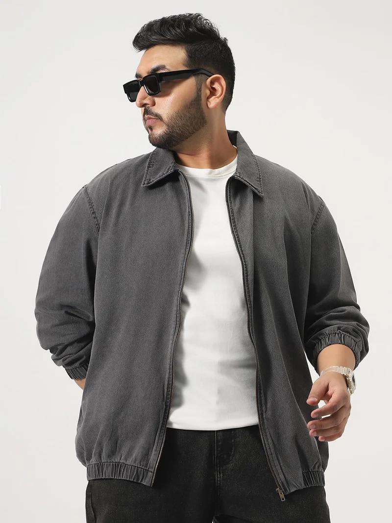 Urbano Plus Men's Light Grey Relaxed Fit Full Sleeve Harrington Denim Jacket