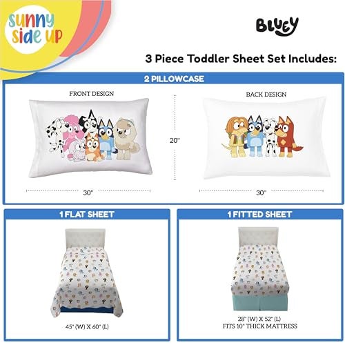 Sunny Side Up Bluey & Friends Toddler Sheet Set - 3 Piece Toddler Bedding Set Includes Pillow Cover - Super Soft Microfiber Sheets - Image 3