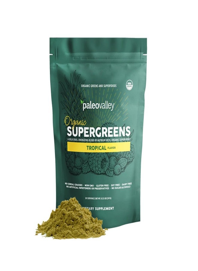 Paleovalley Organic Supergreens Powder - 23 Superfoods with Prebiotic Fiber for Energy and Immunity Support - No Cereal Grasses for Maximum Absorption - Tropical, 30 Servings - Image 1