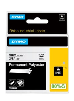 DYMO rhino permanent industrial polyester labels, 9 mm x 3.5 m, black on white, self adhesive, 18482