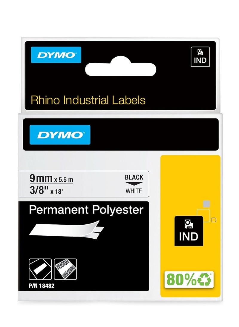 Dymo - DYMO rhino permanent industrial polyester labels, 9 mm x 3.5 m, black on white, self adhesive, 18482 - Image 1