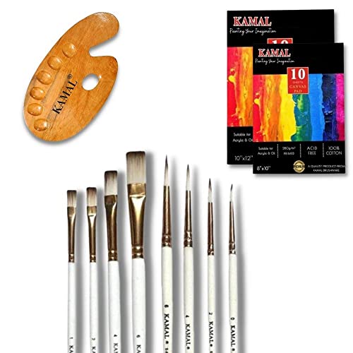 KAMAL Flat Round White Brown Synthetic Hair Brushes with Cotton Canvas PAD 8X10,10X12 Inch Set of 2 with Wooden Palette Medium - Image 1