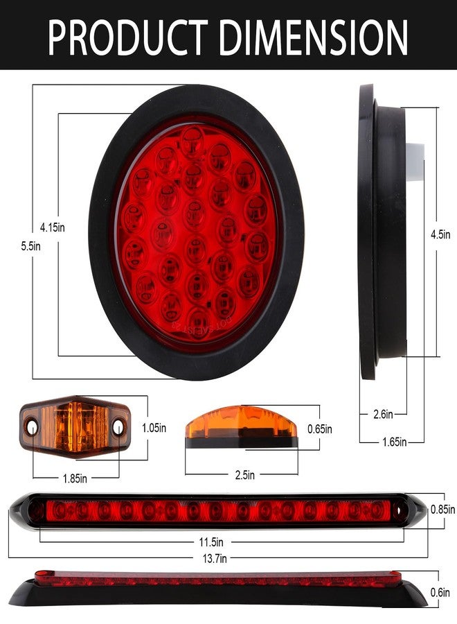Jamarco 4" Inch Round Led Trailer Tail Lights Kit, 4" Round Led Stop Turn Tail Lights 24LED, 4Amber+2Red Mini Marker Lights, 13.8" Red Led 3RD Brake Identification Trailer Light Bar, 25ft Wiring Harness - Image 2