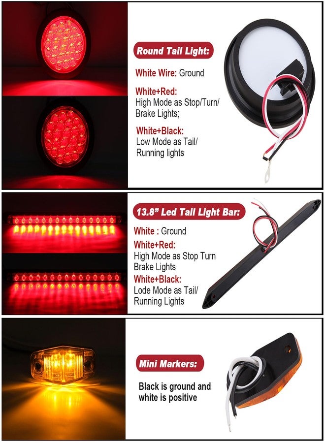 Jamarco 4" Inch Round Led Trailer Tail Lights Kit, 4" Round Led Stop Turn Tail Lights 24LED, 4Amber+2Red Mini Marker Lights, 13.8" Red Led 3RD Brake Identification Trailer Light Bar, 25ft Wiring Harness - Image 3