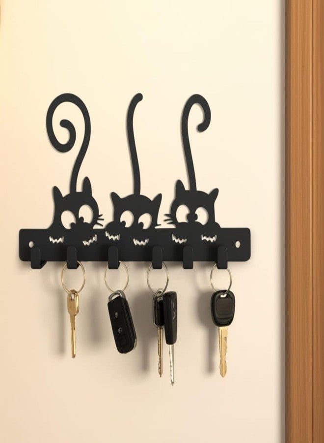 SHUCHI ESSENTIALS Key Holder for Home Decor Stylish, Cat Design Metal Key Holder Wall Mount, 6 Hooks Key Hanger for Home, Keychain Holder, Key Stand for Entrance, Matte Black - Image 1