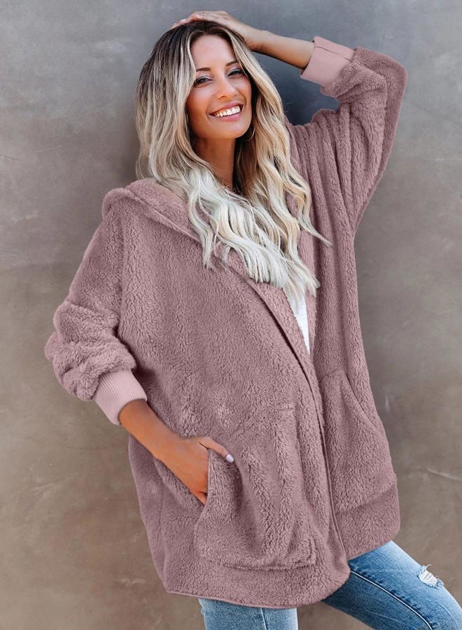 CHICGAL Womens Fuzzy Jacket Hooded Cardigan Open Front Sherpa Coat Outwear with Pockets, Grey Purple, X-Large - Image 2