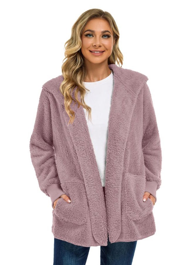 CHICGAL Womens Fuzzy Jacket Hooded Cardigan Open Front Sherpa Coat Outwear with Pockets, Grey Purple, X-Large - Image 4