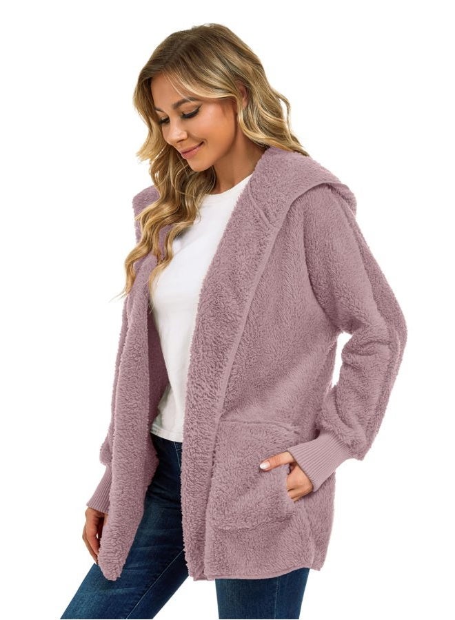CHICGAL Womens Fuzzy Jacket Hooded Cardigan Open Front Sherpa Coat Outwear with Pockets, Grey Purple, X-Large - Image 5
