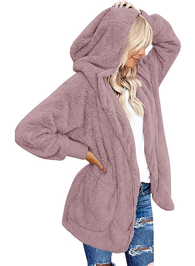 CHICGAL Womens Fuzzy Jacket Hooded Cardigan Open Front Sherpa Coat Outwear with Pockets, Grey Purple, X-Large - Image 1