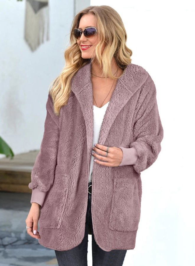 CHICGAL Womens Fuzzy Jacket Hooded Cardigan Open Front Sherpa Coat Outwear with Pockets, Grey Purple, X-Large - Image 3