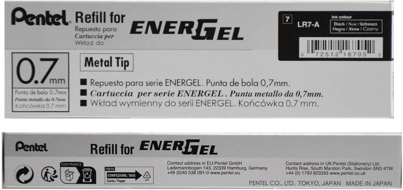 Pentel Refill Ink for EnerGel Liquid Gel Pen, (0.7mm), Metal Tip, Black Ink, Box of 12 (LR7-A) - Image 4